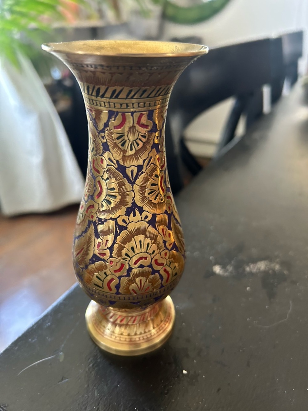 Solid brass vase decorated with cloisonné etching